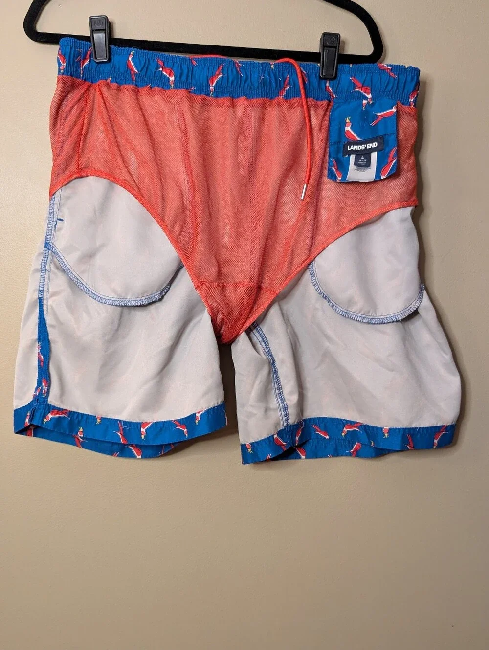 Lands' End Men's Blue Swim shorts Trunks Parrot Bird Print tropical size Large